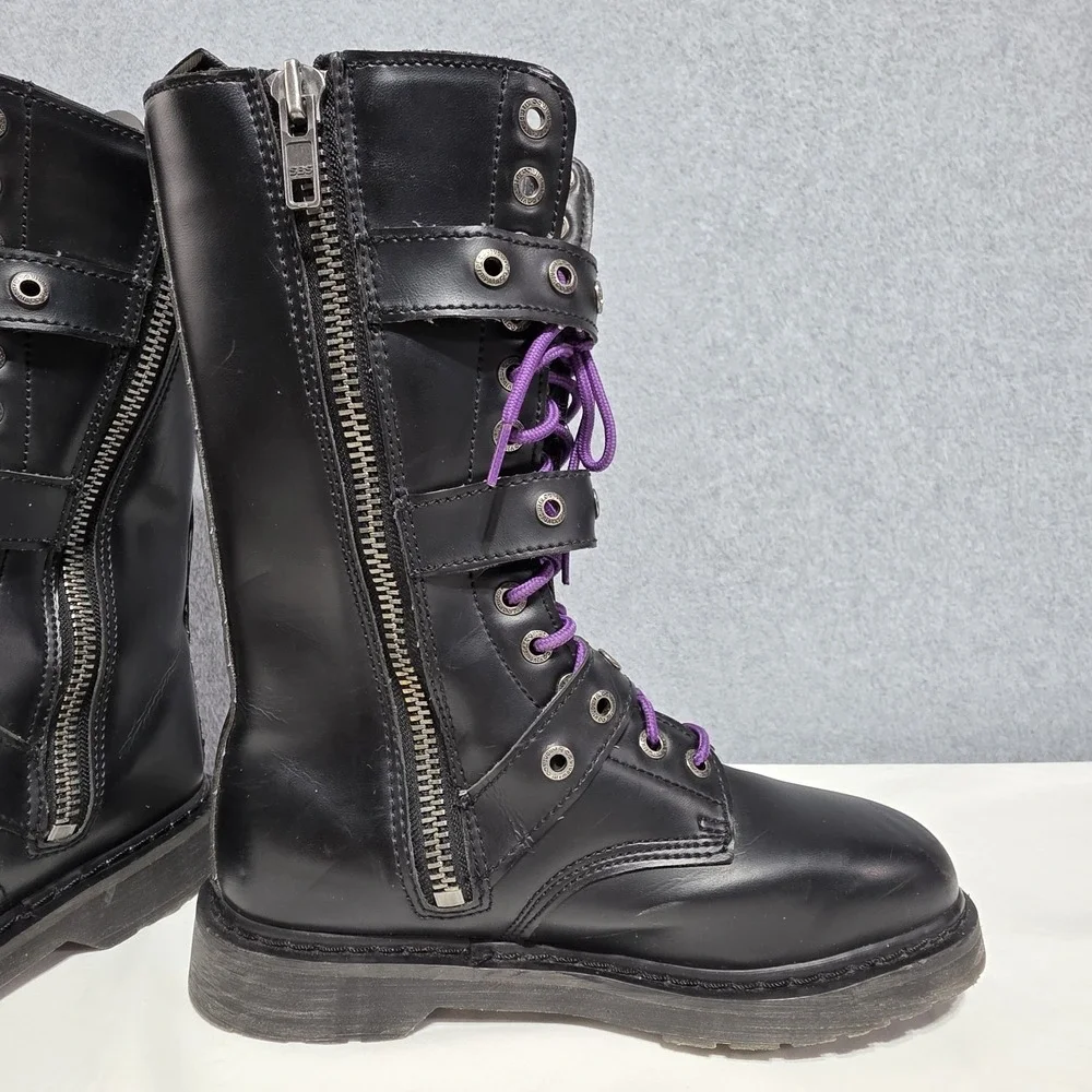 Demonia Black Leather Combat Boots - Side Zip - US 9 mens